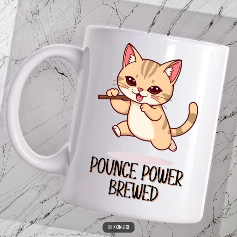 Funny mug depicting a determined cat mid-leap, using a walking stick for extra oomph, embodying agility and humorous resolve.