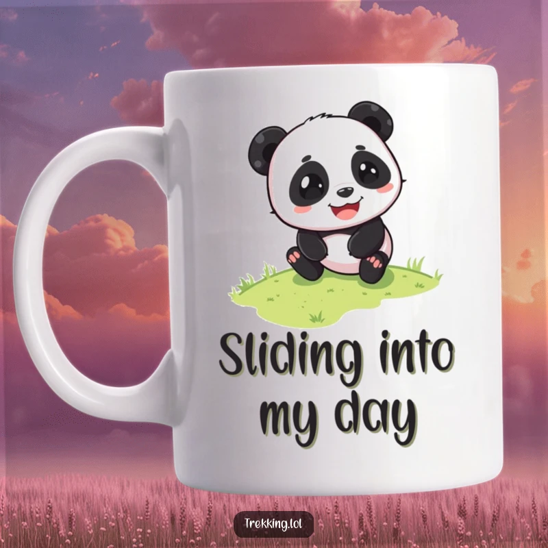 Funny panda mug showing a playful panda sliding down a grassy slope with pure glee and a big smile. Ultimate relaxation and fun.