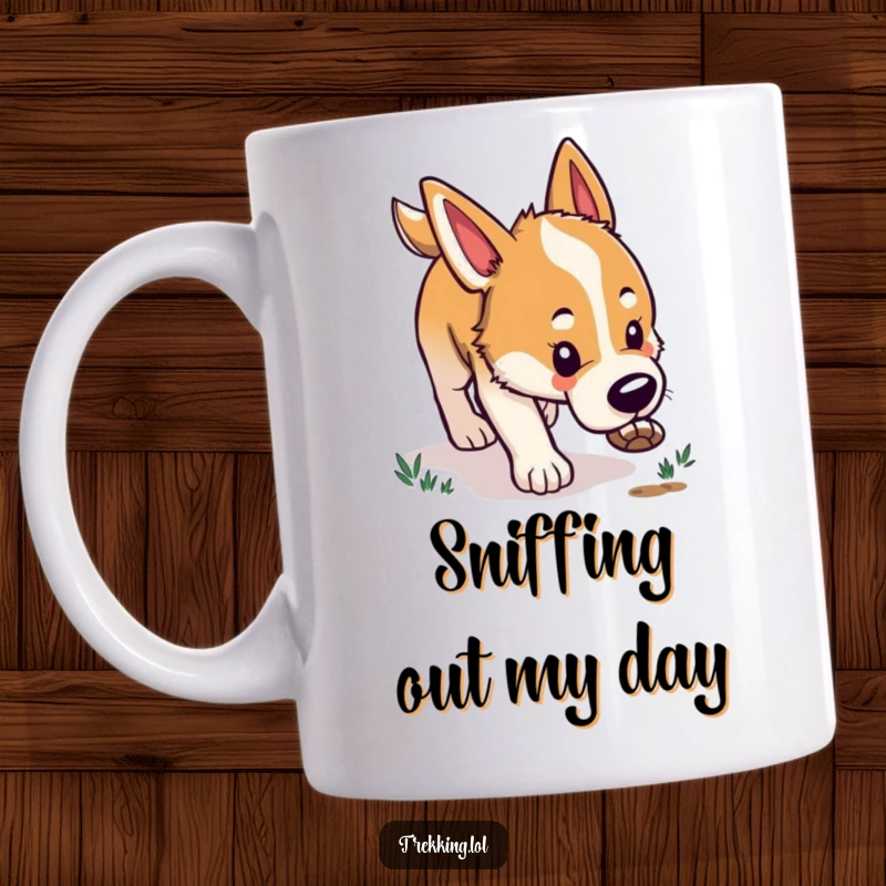 Funny mug featuring a joyful dog with its nose to the ground, eagerly following a scent trail with a happy, focused expression.