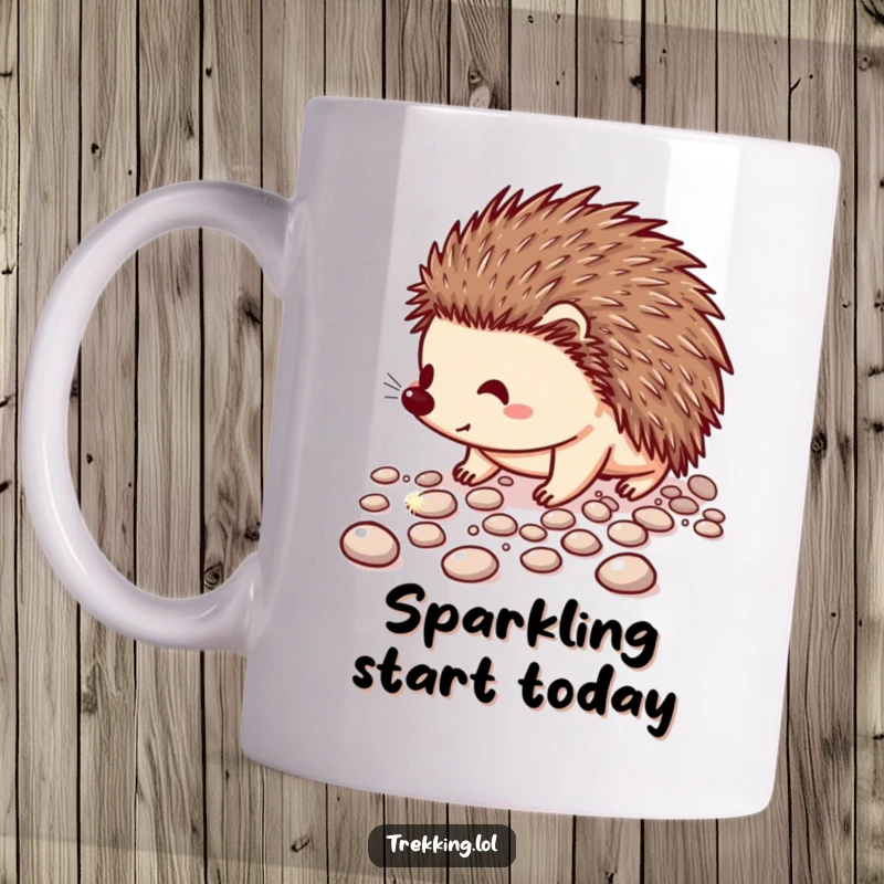 Funny mug featuring a happy hedgehog carefully walking on a path of sparkling pebbles, radiating cheerfulness.