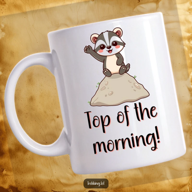 Funny Mug featuring an energetic badger cheerfully waving from the top of a small, grassy hill, radiating pure joy and friendliness.