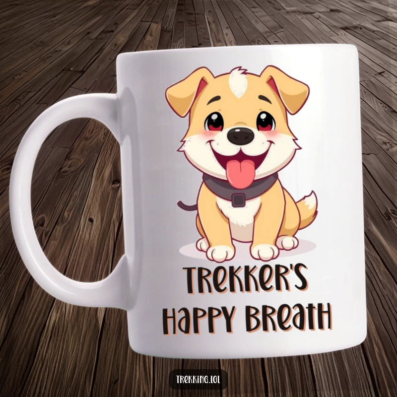 Funny mug showcasing a happy, panting dog with its tongue out, looking content after a short, fun trek, embodying pure canine joy.