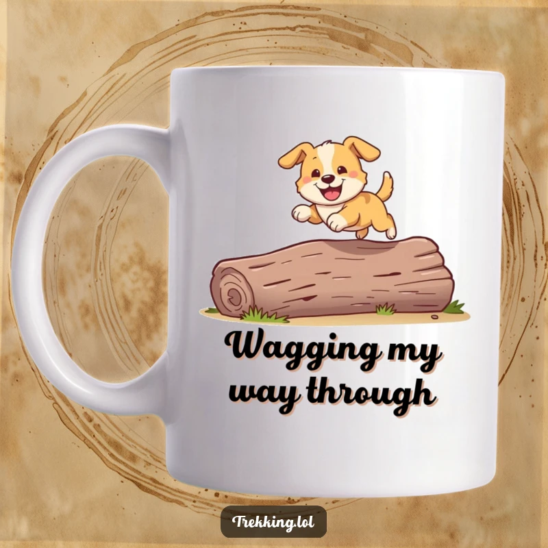 Funny mug featuring a playful dog grinning widely while bounding over a fallen log, embodying unleashed happiness.