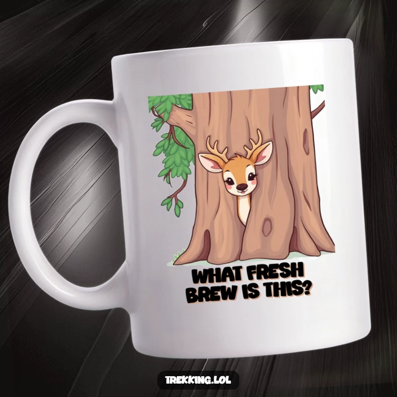 Funny mug featuring a delighted deer peeking curiously from behind a large tree, showcasing woodland wonder.