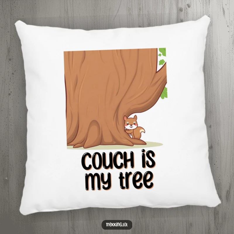 Funny plush pillow of a shy squirrel peeking from behind a large tree, perfect for adding a cute and comforting woodland theme.