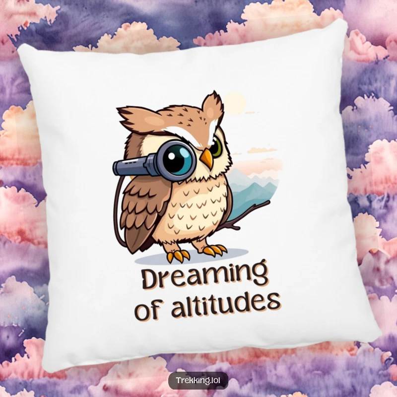 Funny owl peeking through binoculars at a distant peak, on a soft and funny decorative pillow.