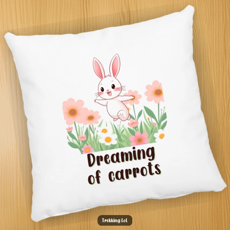 Funny plush pillow showing a cheerful bunny bounding through a fantastical field of giant, colorful flowers, perfect for comfort and decor.