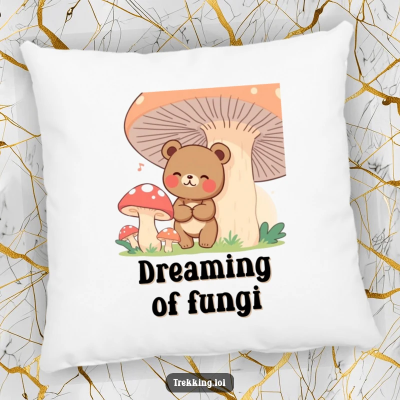 Soft decorative pillow with a funny bear character among giant mushrooms, suitable for sofas and beds.