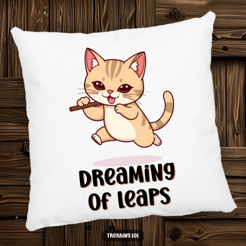 Funny pillow featuring a determined cat using a walking stick for a dramatic leap, providing humorous comfort and a touch of athleticism.