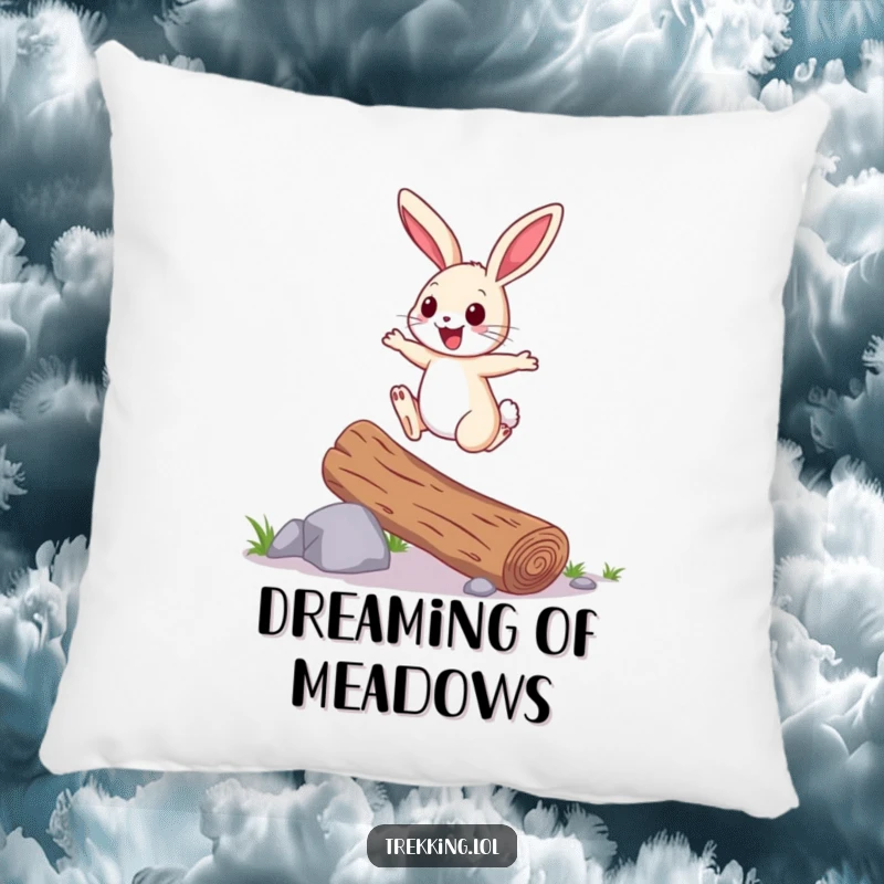 Funny Pillow: A cheerful bunny hops over a fallen log with joyful energy, offering cozy comfort and a reminder of happy, bouncy times.