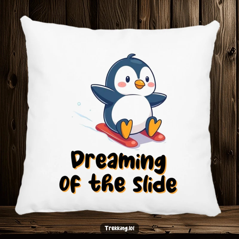 Funny pillow showcasing a penguin gleefully sliding down a snowy hill, capturing the essence of winter fun and playful excitement.