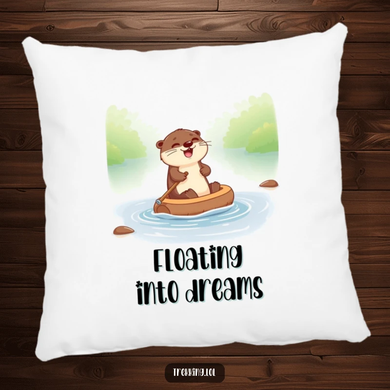 Funny otter pillow showcasing a giggling otter paddling a tiny raft down a river, adding comfort and aquatic cheer.