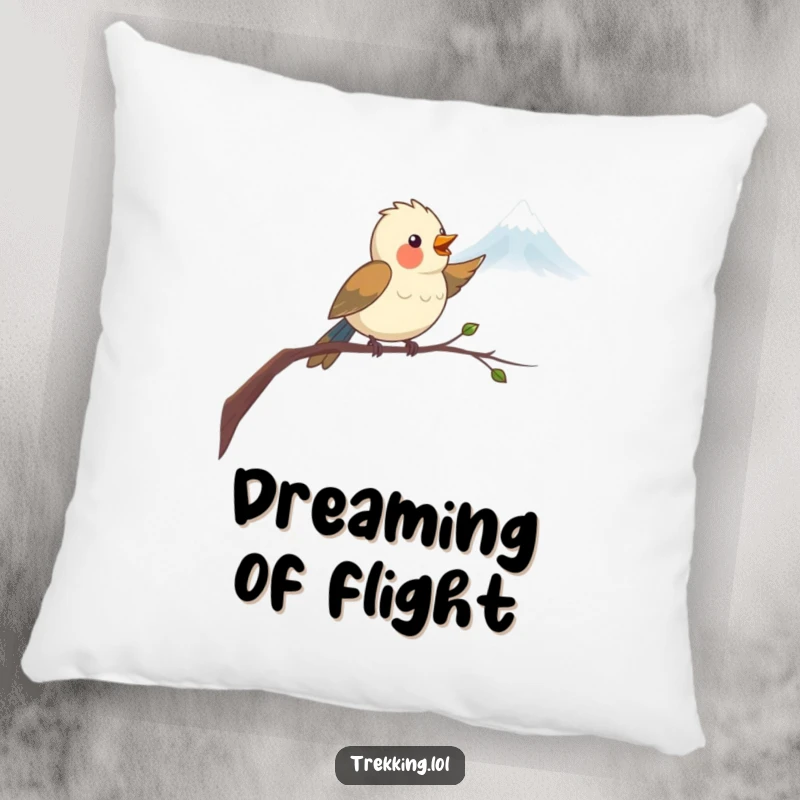 Funny Pillow featuring a delighted bird on a branch, its wing pointing towards a distant mountain, offering comfort and humorous inspiration.
