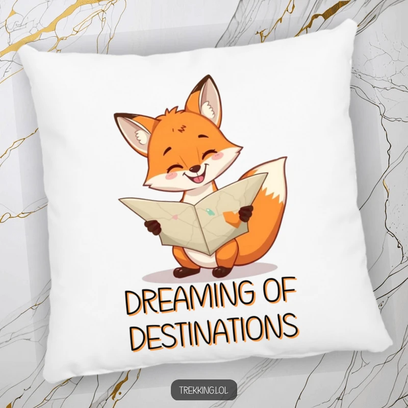 Funny cheerful fox consulting a large, unfolded map with a grin on a pillow, soft and cheerful.