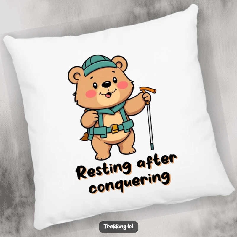 Funny determined bear enthusiastically using hiking poles on a pillow, soft and motivating.