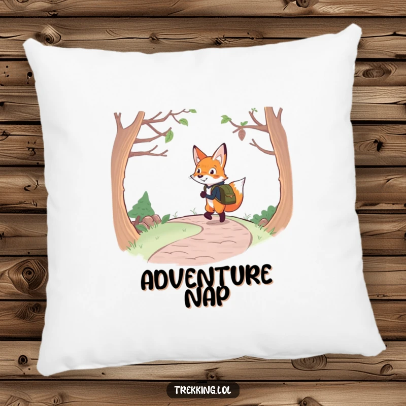 Funny fox backpacking pillow featuring a determined fox with a backpack cheerfully navigating a winding path, adding humor to relaxation.