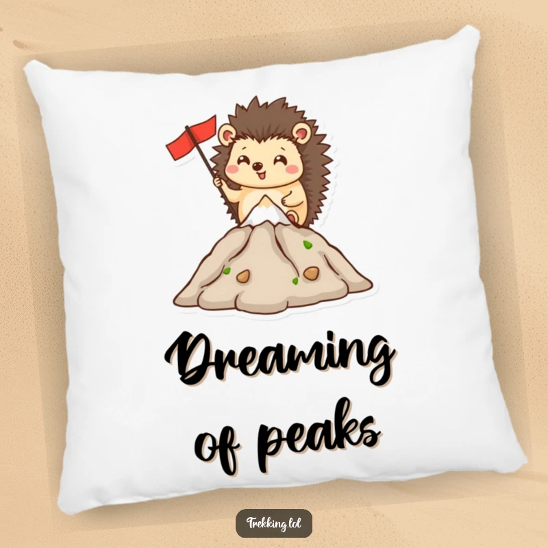 Funny pillow featuring a happy hedgehog planting a flag on a miniature mountain peak, bringing cozy humor.
