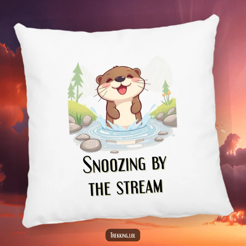 Funny pillow featuring a happy otter splashing joyfully in a shallow mountain stream, adding a touch of whimsy.