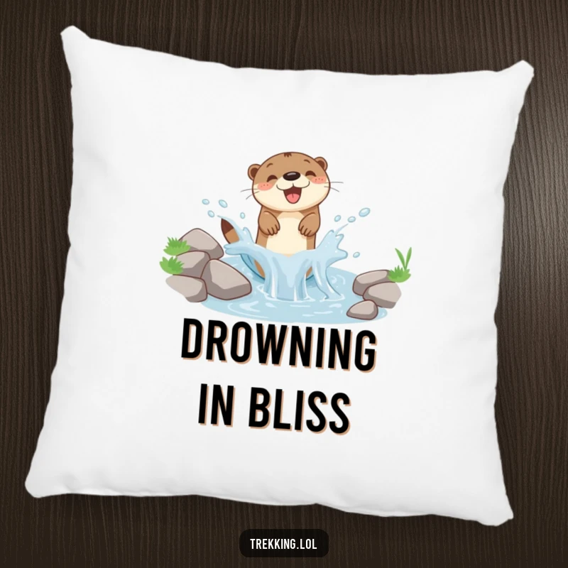 Funny decorative pillow featuring a happy otter splashing playfully in a tiny, serene mountain stream, perfect for lounging.