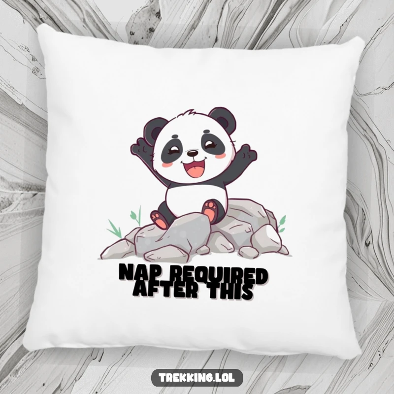 Funny pillow featuring an enthusiastic panda joyfully navigating a rocky path, perfect for comfort and decor.