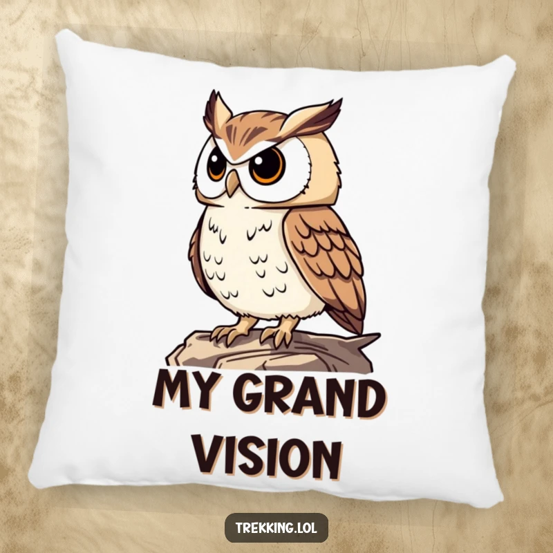 Funny proud owl surveying the landscape from a high perch, featured on a plush pillow for humorous and thoughtful decor.