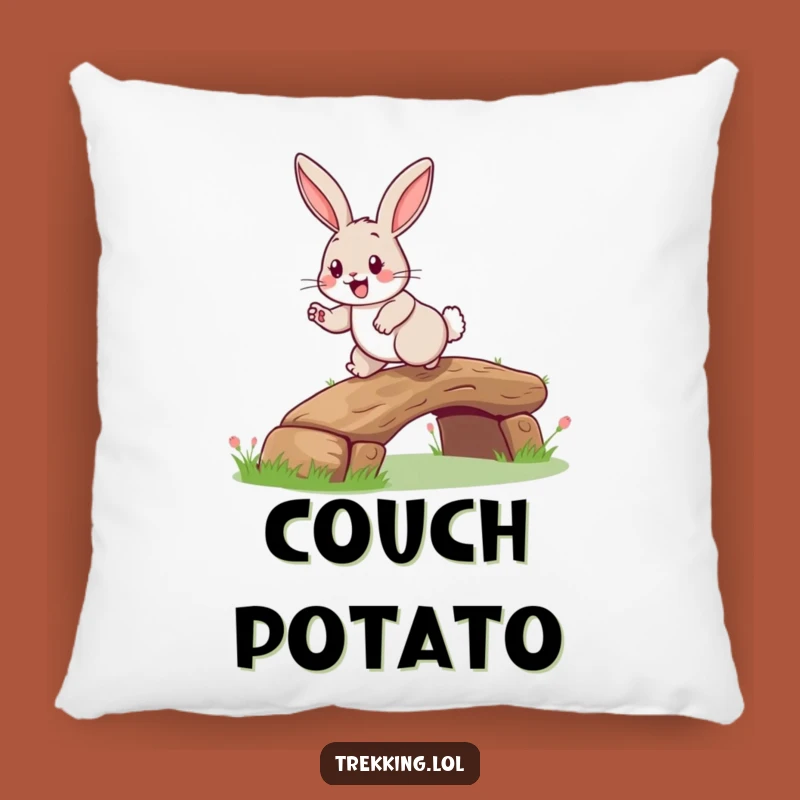 Funny Rabbit Log Bridge Pillow: Happy Hopper Rabbit, Cozy Woodland Accent