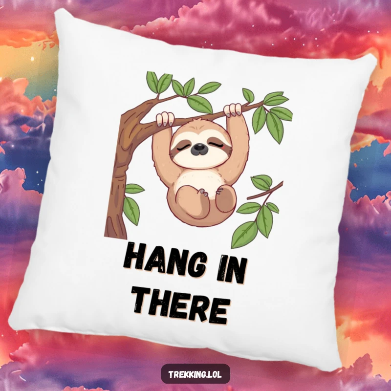 Funny decorative pillow featuring a sleepy sloth hanging from a branch, enjoying a serene view, perfect for lounging.