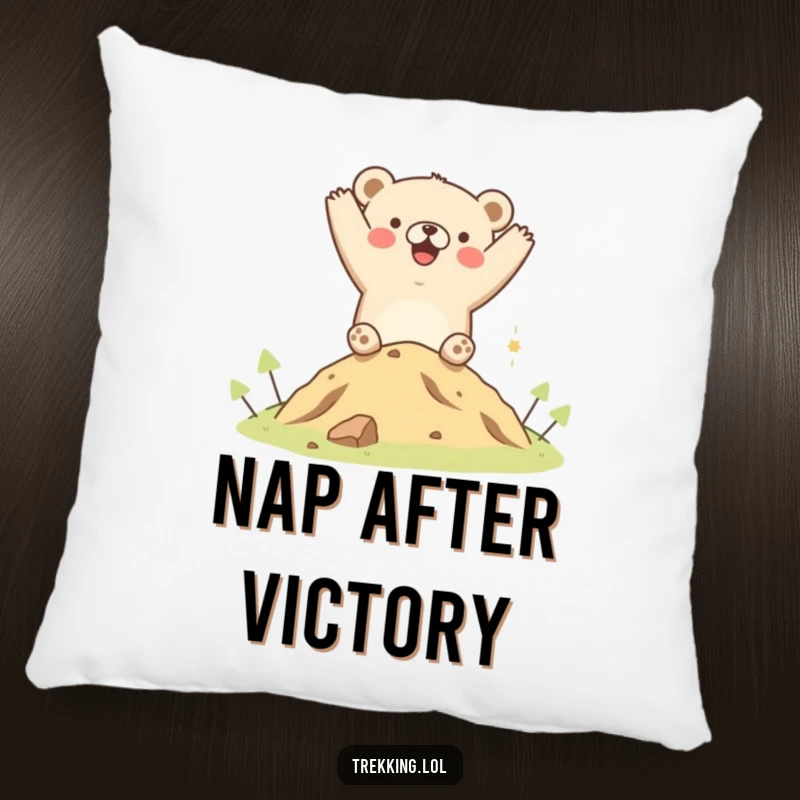 Funny pillow design of a happy bear cheering enthusiastically on top of a small hill, offering comfort and humorous decoration for any room.