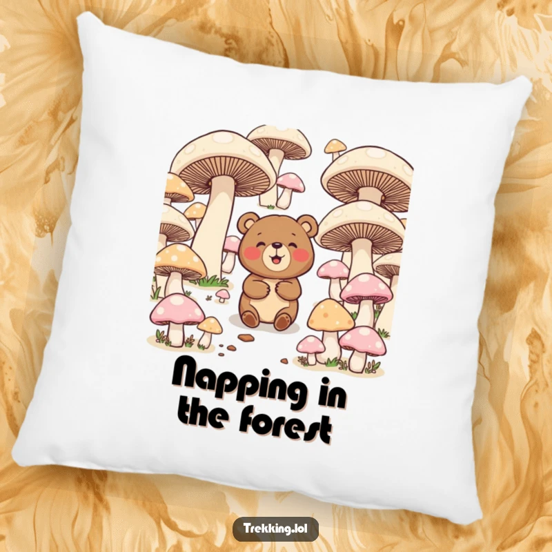 Funny plush pillow of a giggling bear navigating a maze of giant mushrooms, perfect for adding a fun and cozy element.