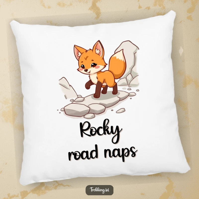 Funny fox cub pillow, confidently walking on a rocky path, offering comfort and a spirit of adventure.
