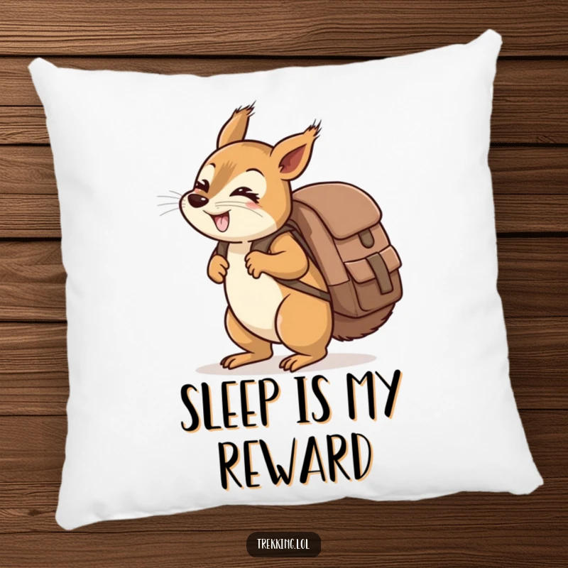 Funny giggling squirrel carrying a ridiculously oversized backpack uphill on a pillow, soft and humorous.