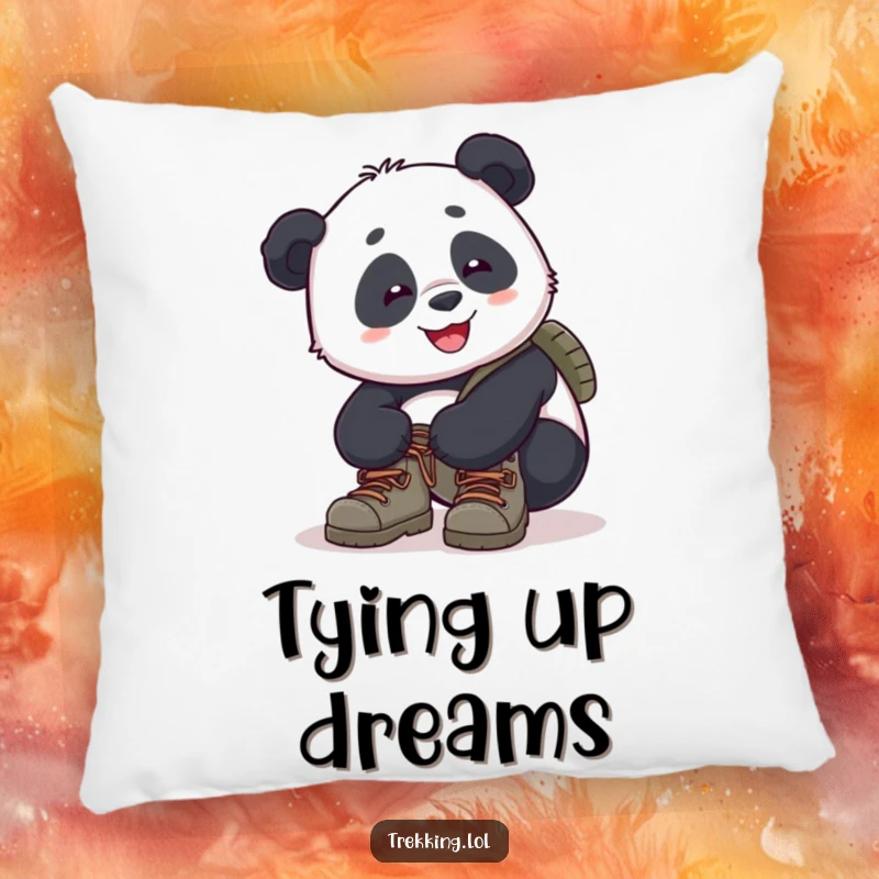 Funny panda pillow showing a cute panda smiling while tying its hiking boot laces, ready for a forest adventure.