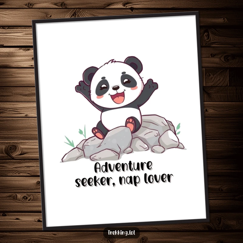 Funny digital art print of an enthusiastic panda joyfully navigating a rocky path, perfect for instant decor.