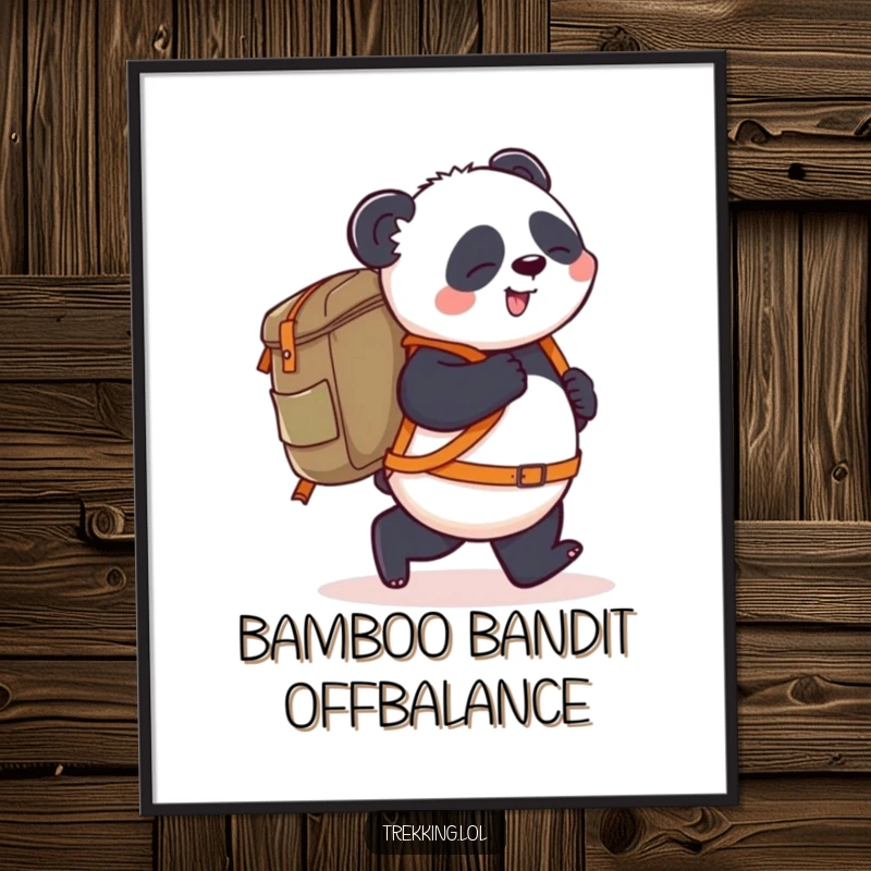 Funny Digital Art: A playful panda carries a giant backpack, stumbling slightly forward, creating whimsical wall art that depicts humorous travel challenges.