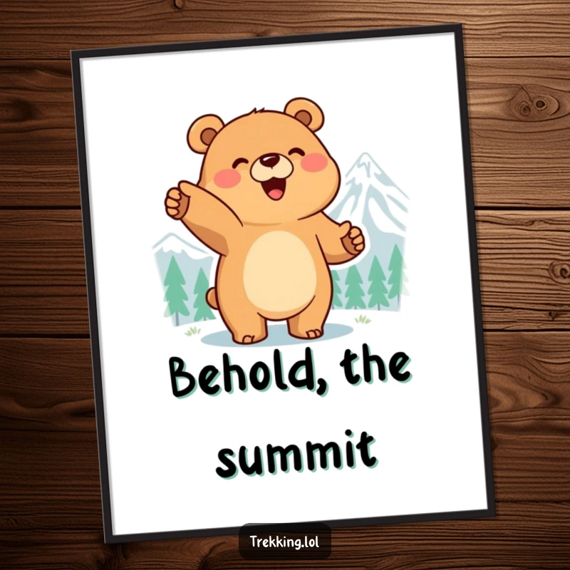 Funny digital art print of a smiling bear pointing excitedly at a distant mountain peak, celebrating dreams and majestic views.