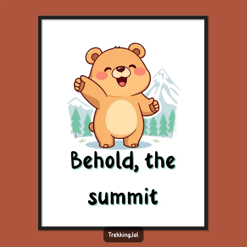 Funny Bear Mountain Art: Smiling Explorer's Peak View, Joyful Digital Print Gift
