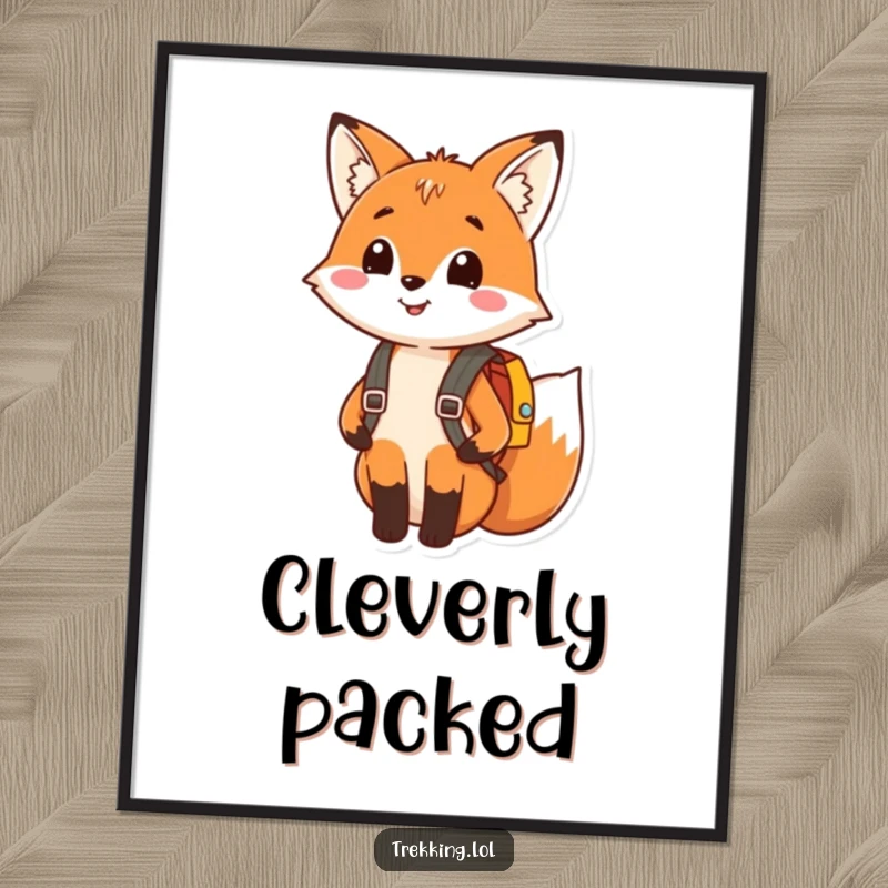 Funny digital art print of a happy fox smiling while wearing a tiny backpack, symbolizing happiness and adventure.