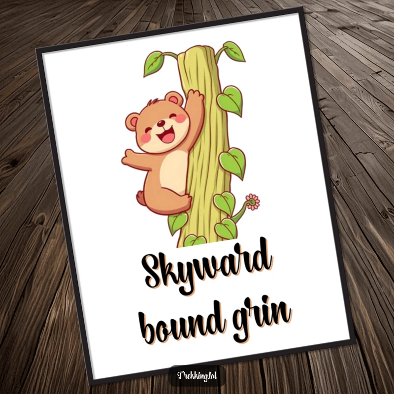 Funny Digital Art: A happy bear enthusiastically climbs a towering beanstalk with a grin, creating whimsical wall art for a joyful, adventurous vibe.