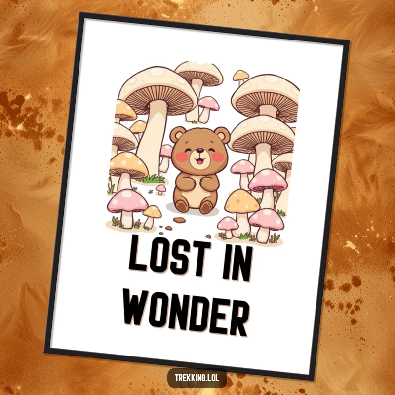 Funny digital art print of a giggling bear comically navigating a maze of enormous, colorful mushrooms, celebrating playful confusion and adventure.
