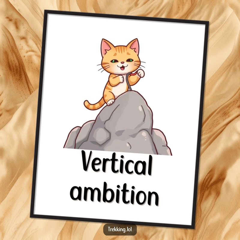 Funny digital artwork of a determined cat using a tiny grappling hook to ascend a rock, embodying grit and humor.