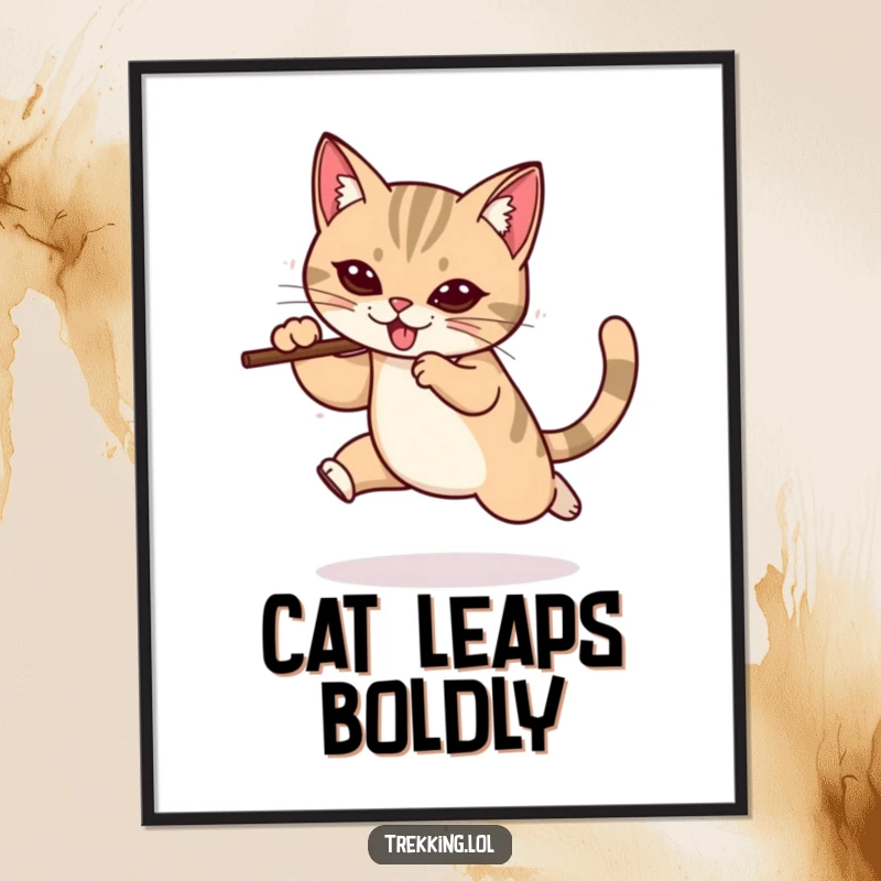 Funny digital art print of a determined cat mid-leap using a walking stick, symbolizing humorous action and feline prowess for instant decor.