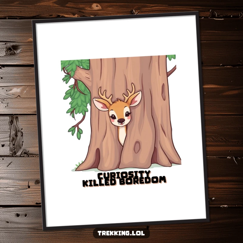Funny digital art print of a delighted deer peeking curiously from behind a tree, perfect for instant decor.