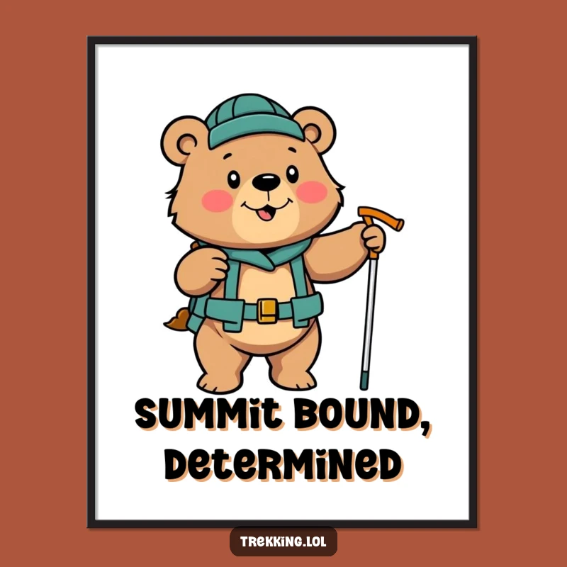 Funny Determined Bear Hiking Digital Art: Poles Print Gift
