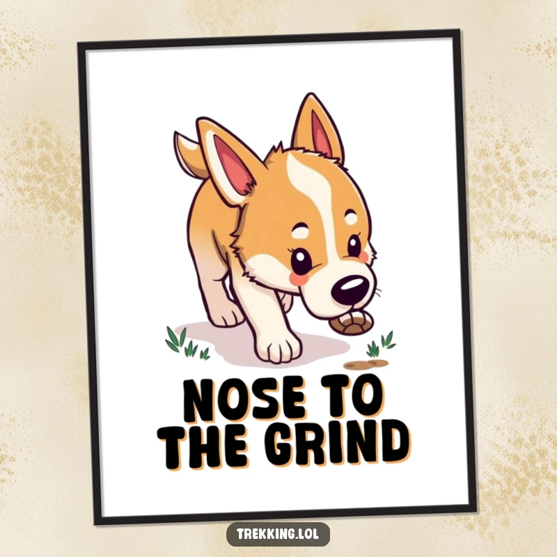 Funny digital art print of a happy dog with its nose to the ground, eagerly tracking a scent, embodying pure canine enthusiasm.