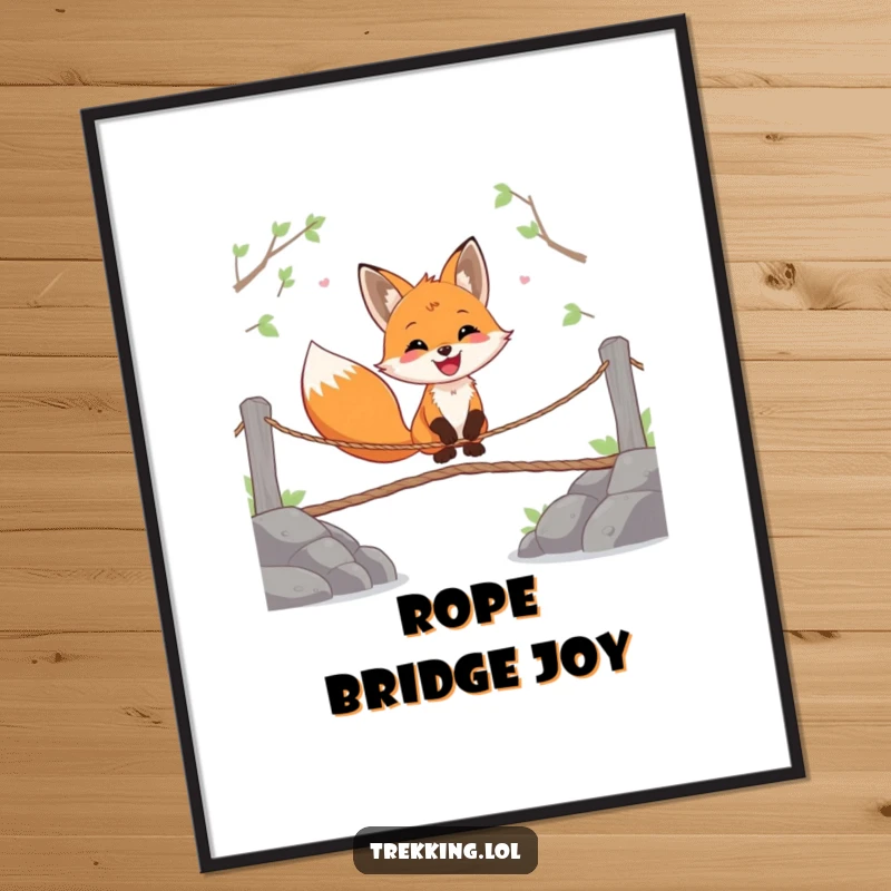 Funny digital art print of a happy fox gleefully crossing a wobbly rope bridge, perfect for motivational decor.