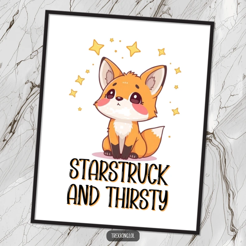 Funny Digital Art Print of a curious fox looking up with wonder at scattered stars, bringing instant humor and cosmic charm to any wall.
