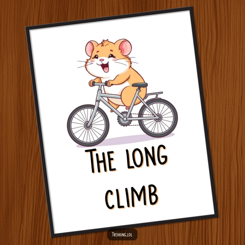 Funny Digital Art Print of a giggling hamster pedaling a tiny bicycle uphill with immense effort, symbolizing perseverance with humor.