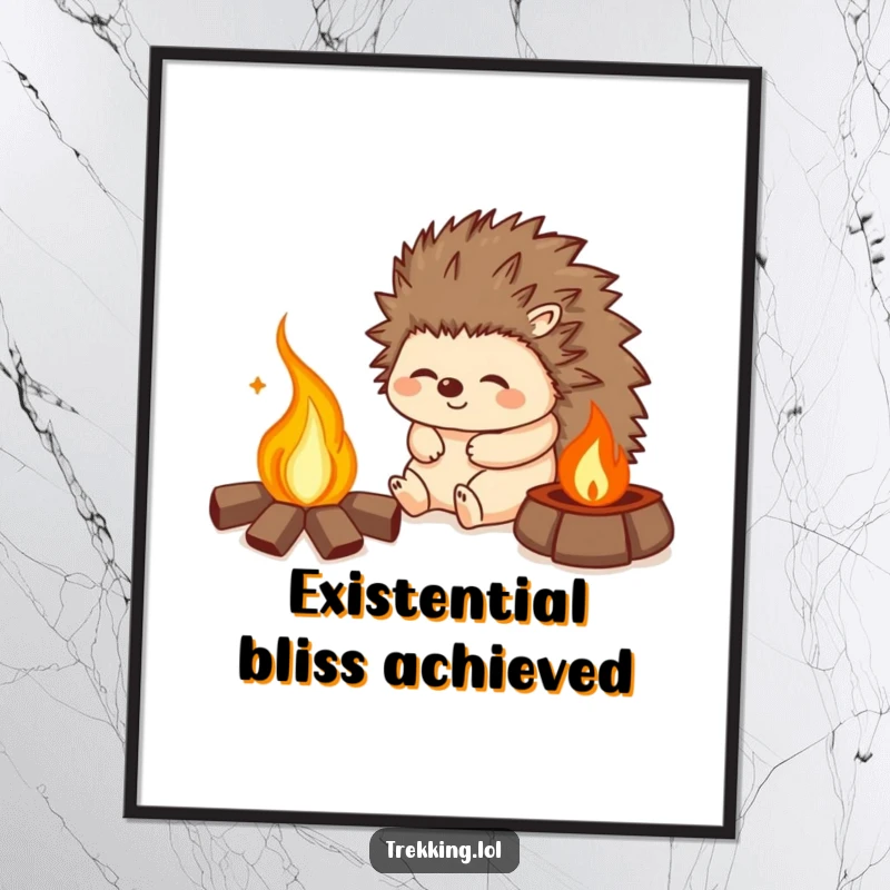 Funny digital art print of a happy hedgehog sighing contentedly by a campfire, perfect for instant wall art.