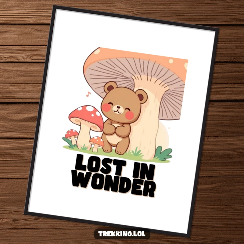 High-resolution digital art print of a funny bear lost among giant mushrooms, ready for instant download.