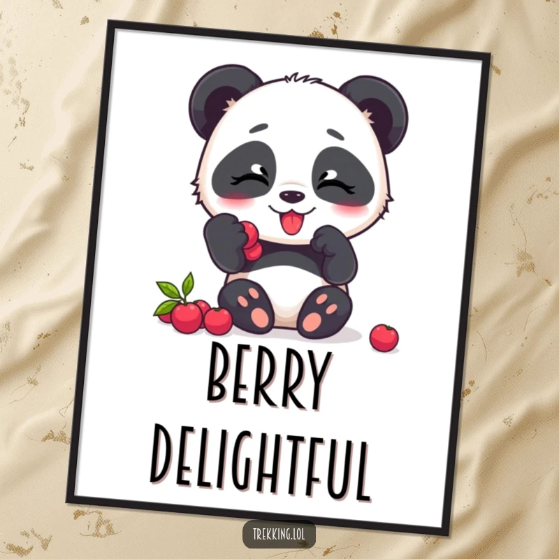 Funny panda digital art print, a giggling panda character joyfully eating fresh berries, radiating happiness.